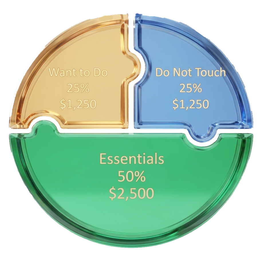 Sample allocation of $5,000 monthly take-home income: Essentials 50% ($2,500), Want to Do 25% ($1,250), Do Not Touch 25% ($1,250)