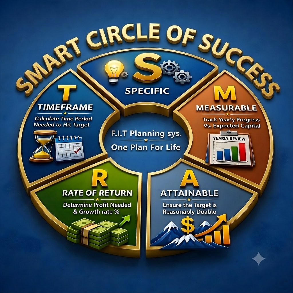 Smart Circle of Success: Specific; Measurable, track yearly progress against expected capital; Attainable, ensure the target is reasonably doable; Rate of Return, determine the profit and growth rate needed; Timeframe, calculate the time period needed to hit the target